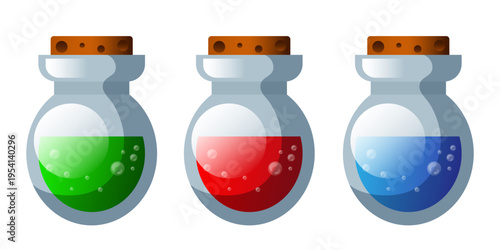 Mana bottle. Potion bottle set. Vector clipart.