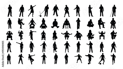 Collection of 40 black silhouettes of people performing various actions and poses