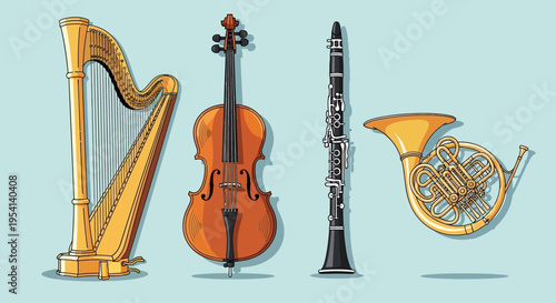 Set of Classical Musical Instruments Including Harp Cello Clarinet and French Horn