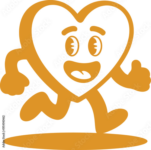 Orange heart character cheerfully runs forward with a happy expression and a thumbs up gesture