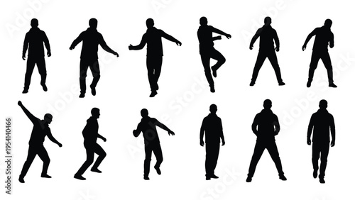Collection of 12 black silhouettes of people in various poses and dance movements