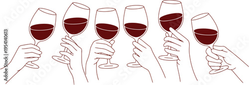 Six artistic line drawn hands gracefully holding distinct glasses containing deep red wine liquid