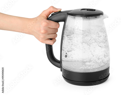 Konstfotografi Woman holding transparent electric kettle on white background, closeup