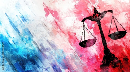 Abstract representation of legal justice and balance with a detailed depiction of the scales of justice against a vibrant, textured background.