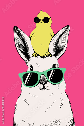 White rabbit wearing sunglasses with a yellow chick on head in a funny easter portrait on a bright pink background.
