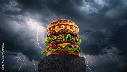 Epic Tower Burger Against Dramatic Stormy Sky