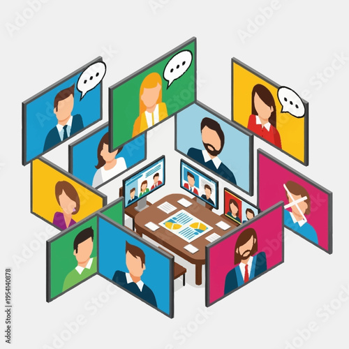 Illustration of a virtual meeting with people on screens around a table.