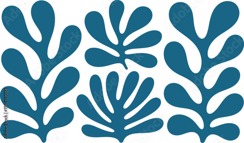 Three clusters of simplified blue leaf like shapes are neatly arranged on a pristine white background