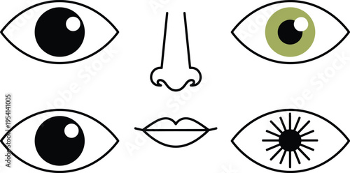 Abstract stylized facial features illustration with eyes, nose, and mouth, creative minimal line art design perfect for anatomy, recognition, and artistic concepts