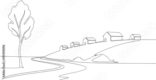 Minimalist countryside landscape line drawing, winding road, rural houses, tree, bushes, peaceful village scene, simple continuous line art illustration design