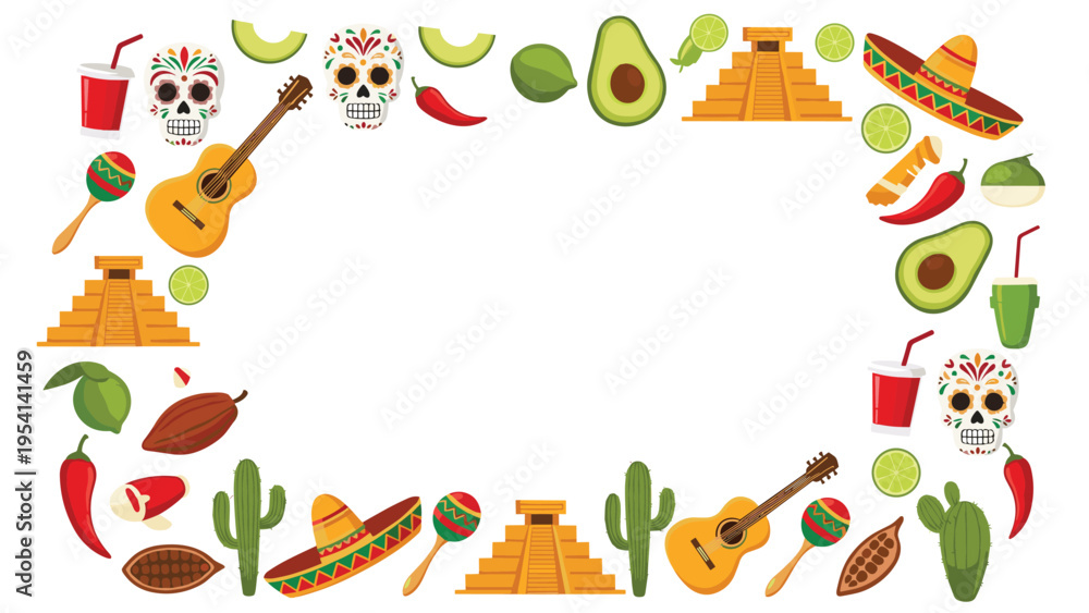 Fototapeta premium Festive border frame decorated with mexican cultural symbols like sugar skulls, guitars, sombreros, tacos, and desert cactus plants.