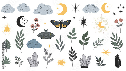 Magic and nature elements collection including moons, stars, moths, crystals, clouds, and botanical leaves in an ethereal style.