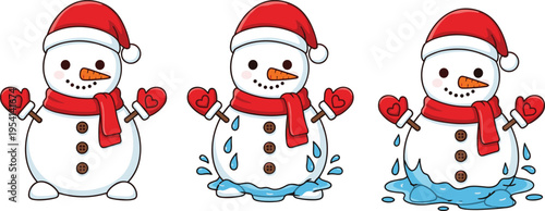 Cartoon illustration of three snowmen in Santa hats and scarves gradually melting, symbolizing festive winter season, climate change, and humorous holiday transformation concept