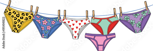 Colorful illustration of six underwear pairs hanging on clothesline with clothespins, showcasing diverse patterns, prints, and styles in everyday fashion concept