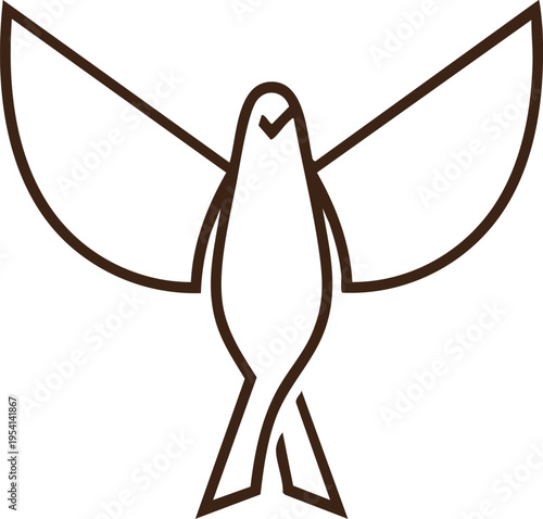 Brown outline of a dove with outstretched wings flying upward