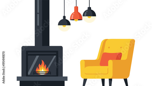 Cozy corner with a modern black fireplace, a comfortable yellow armchair, and stylish hanging pendant lamps against a white wall.