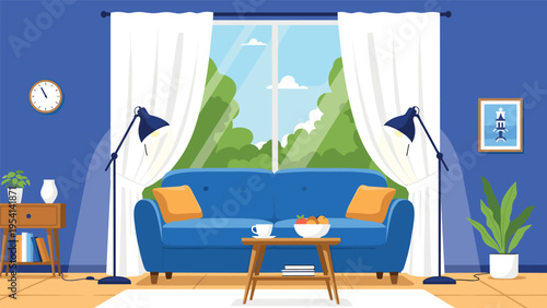 Bright living room with a blue sofa, large window showing green trees, side tables, and decorative items in a modern cozy home.