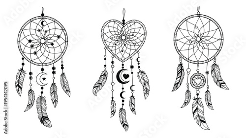 Three artistic dreamcatchers with intricate web patterns, feathers, and celestial moon symbols in a black and white line art style.