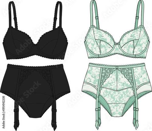 Elegant fashion illustration of lingerie sets featuring black lace bra with garter straps and mint green floral lace design, showcasing feminine style and garment detail