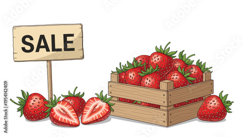 Large wooden crate overflowing with fresh red strawberries and a sale sign surrounded by loose fruit on a white background.