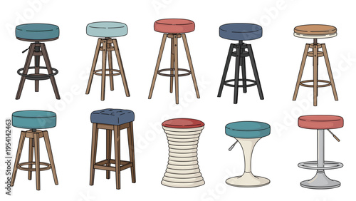 Assortment of different bar stool and chair designs in various colors, materials, and styles for home or restaurant interiors.