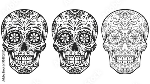 Set of three decorative sugar skulls with intricate floral and geometric patterns for day of the dead celebrations in mexico.