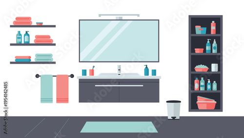 Contemporary bathroom interior with vanity unit large rectangular mirror shelving and personal hygiene products in flat vector style.