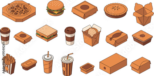 Isometric illustration of fast‑food items including pizza box, hamburger, fries, sandwich, coffee cups, takeout containers, and soft drinks representing modern restaurant packaging and menu design