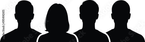 Silhouette group of diverse anonymous people with different hairstyles representing team identity, community, diversity, equality, and demographic illustration concept on white background