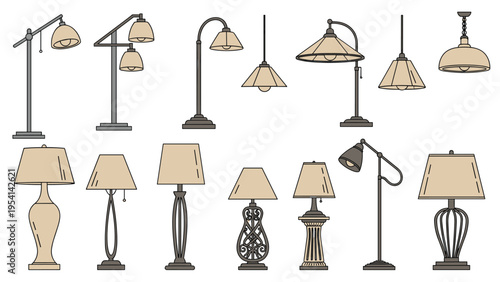 Comprehensive collection of various floor and table lamp designs for home lighting and interior decoration in classic and modern styles.