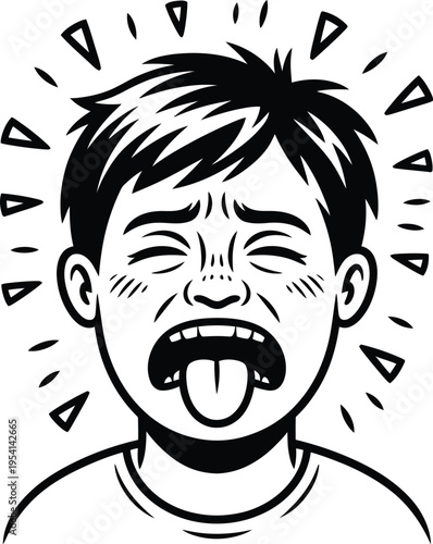 Child's face showing extreme disgust or pain, with tongue out and eyes squeezed shut, black and white illustration