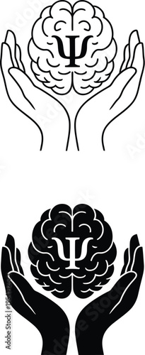 Hands holding a brain with a psychological symbol, representing mental health and therapy, line art and silhouette, brain scan