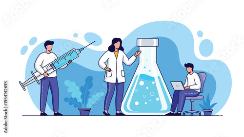 Group of professional scientists conducting research with huge syringe and flask in medical laboratory for science and health concepts.