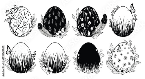 Eggs are decorated with patterns and surrounded by grass and flowers in the garden.