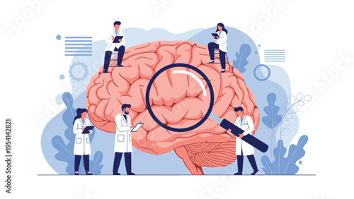 Medical professionals examining giant human brain with magnifying glass and taking notes for neuroscience and mental health research.