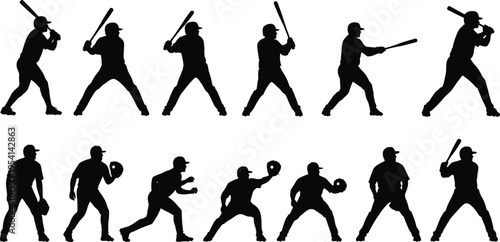 Silhouette illustration of baseball players in dynamic action poses including batting, swinging, catching, and throwing, showcasing offensive and defensive movements in sport