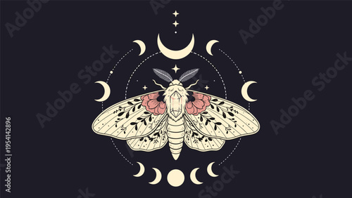 Intricate mystical moth illustration featuring flowers crystal and moon phases on dark background for esoteric and occult design themes.