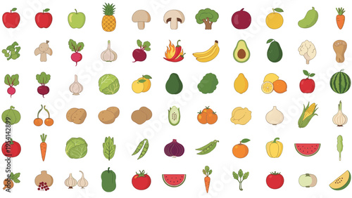 Comprehensive grid of various fruit and vegetable icons in flat style for grocery shopping healthy eating and nutrition education posters.