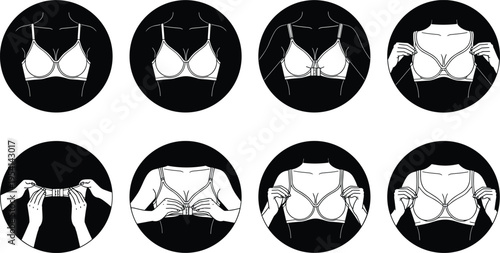 Step-by-step instructional illustration showing how to wear and adjust a front-clasp bra with clear visuals of fastening, positioning, and strap adjustment process