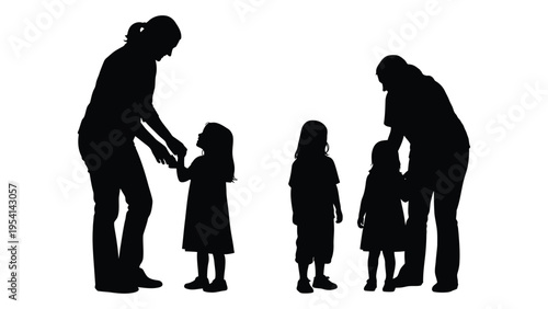 Silhouette of two women and three children standing together in a line