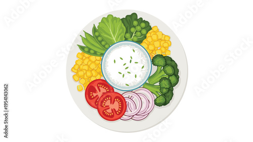 Nutritious healthy buddha bowl featuring white rice broccoli tomatoes corn peas and onions on white plate for balanced diet concepts.
