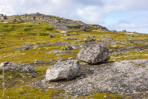Fotografie Rocky tundra landscape with scattered stones and grass, remote northern nature, exploration and adventure