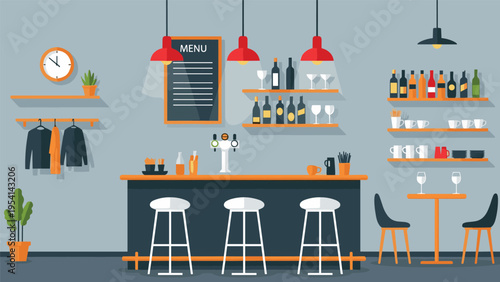 Modern bar or cafe interior with counter stools menu board shelves with bottles and cozy tables in flat vector illustration design.