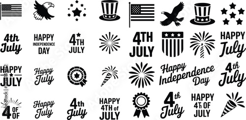 Fourth of july celebration icons and text phrases, american holiday graphic elements, independence day