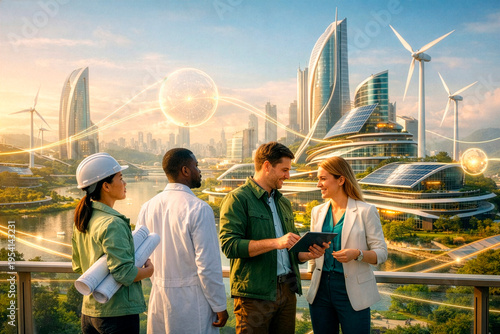 A group of young professionals against the backdrop of a futuristic, high-tech city of the future, energy independent.