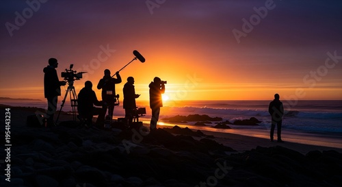 Film crew captures sunset on rocky beach with people and equipment