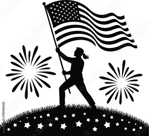 Silhouette of person holding american flag on hilltop with fireworks and stars with independence day