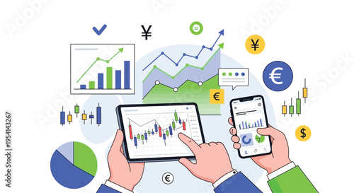 Two businessmen analyzing financial charts on tablet and smartphone