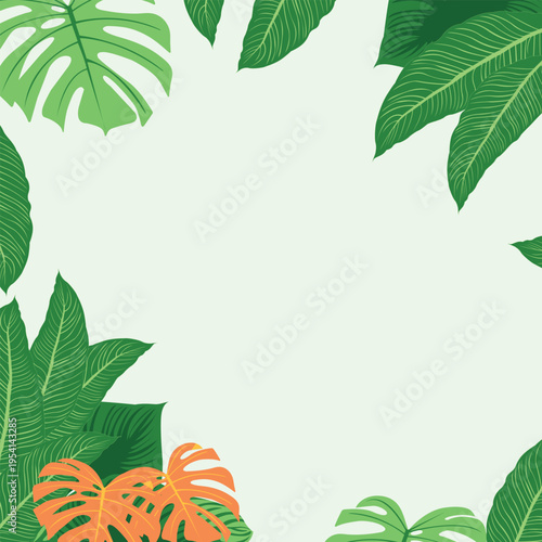 Elegant tropical frame with lush green leaves and monstera elements. Modern botanical border design with copy space, perfect for invitations, social media, branding and summer posters