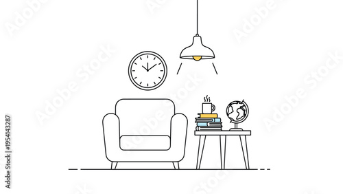 Simple line art illustration of cozy reading corner with comfortable armchair side table books globe and wall clock on white background.